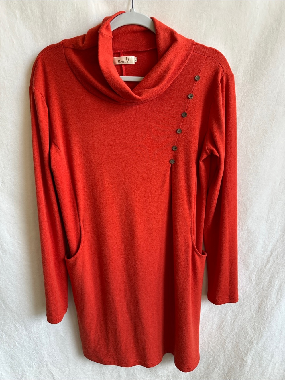 Dress V burnt orange/pumpkin cowl-neck tunic dress with pockets, size L